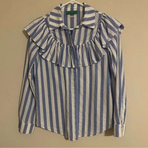 Clare V Charlotte Ruffled Striped Blue/White Blouse Size XS - Picture 4 of 10